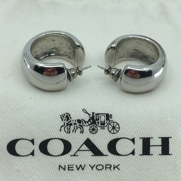 Coach Chunky Silver Tone Hoop Earrings with Dust Bag - Picture 1 of 12